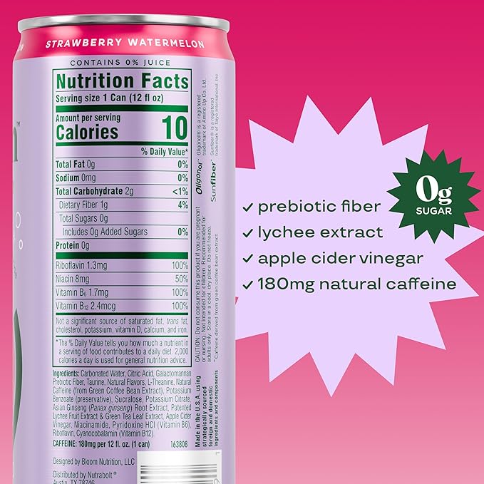 Bloom Nutrition Sparkling Energy Drink Zero Sugar 180mg Caffeine | Strawberry Watermelon | 12oz | 24 Pack | Antioxidant-Rich