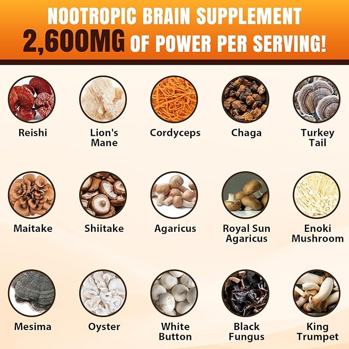 Brain Supplements for Memory and Focus Mushroom Supplement 20 in 1 Mushroom Complex with Lions Mane Reishi Turkey Tail Cordyceps Shiitake for Focus Brian Memory Supplement 120 Capsules