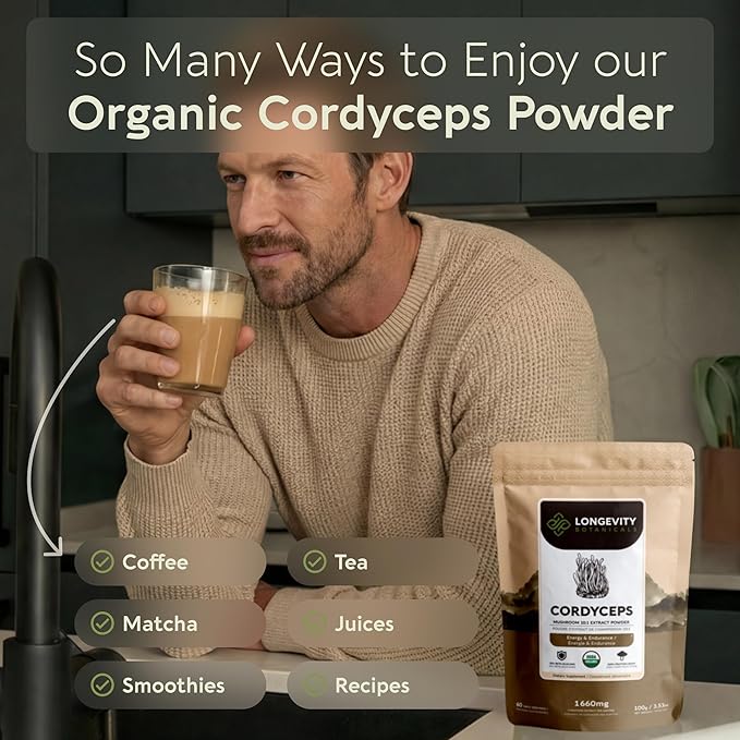 Organic Cordyceps Mushroom Powder Supplement 10:1 Extract 100g | Cordyceps Militaris 100% Fruiting Body | ≥30% Beta-D-Glucans | 60 Servings of 1660mg | Energy Endurance &amp Stamina Support