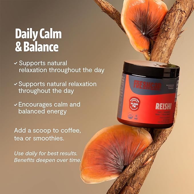 FreshCap Mushrooms Ayurveda Reishi Mushroom Powder 14000mg - Organic Mushroom Extract Supplement Powder Nootropic Red Reishi Supplement Blend (60 Servings)