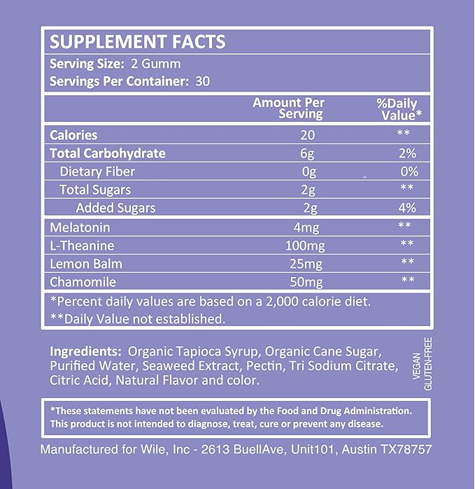 WILE Deep Sleep Gummies Natural Sleep Aid with Melatonin Theanine Chamomile 60 Count