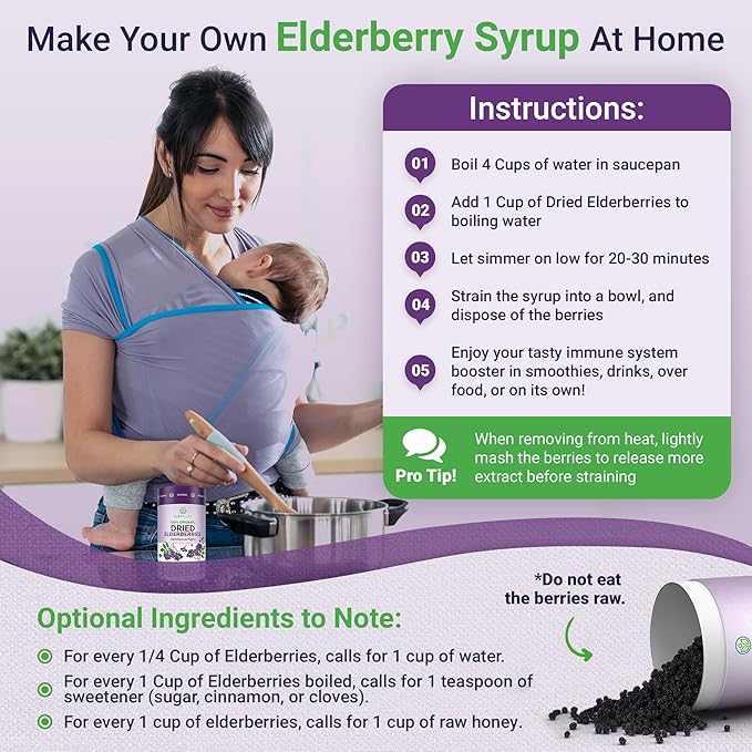 USDA Organic Dried Elderberries 1lb Bulk (Safest Packaging Resealable Bag BPA-Free Scoop) Natural non-irradiated Raw Whole Black Elderberry Immune Support Make Sambucus Elderberry Syrup 1 Pound