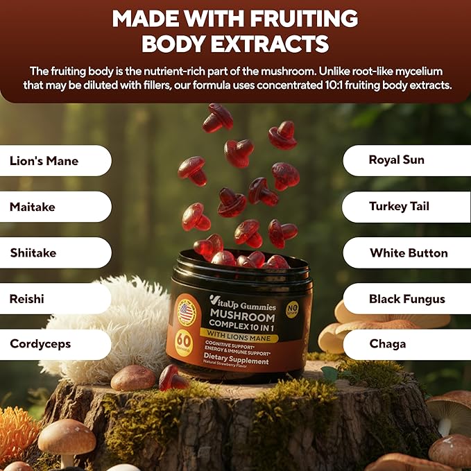 Mushroom Gummies for Adults - USA Made 10 in 1 Mushroom Supplement - Mushroom Complex with Lions Mane Cordyceps Turkey Tail Reishi Shiitake for Cognitive &amp Immune Support - 60 Count