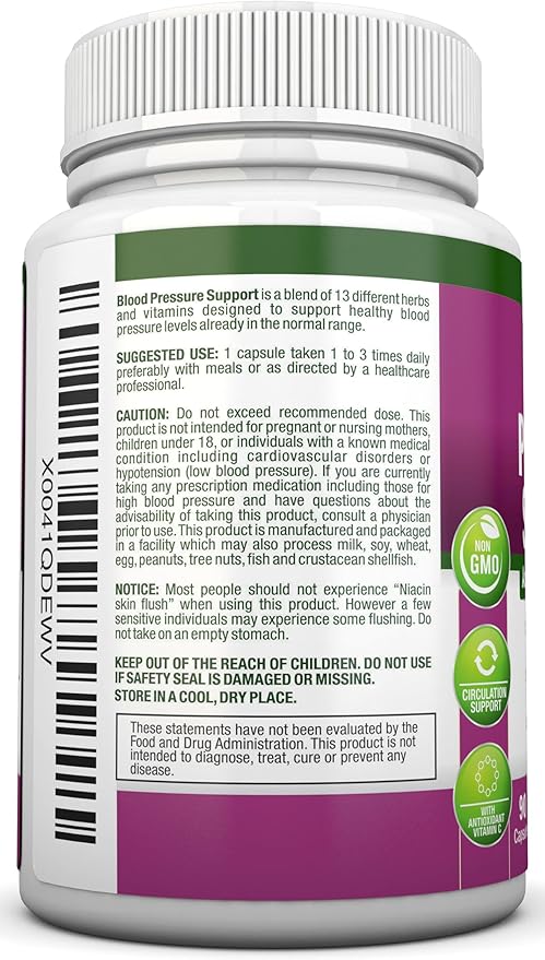 Blood Pressure Support Supplement - 13 Herbs &amp Vitamins - with Hawthorn Hibiscus Garlic &amp Olive Leaf Extract - Natural Supplement for Women &amp Men - High Strength Capsules - Non-GMO - 90