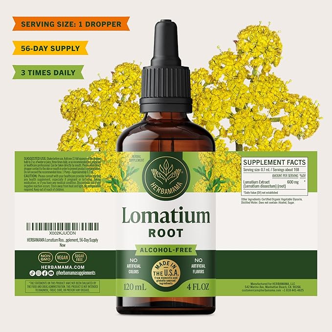 HERBAMAMA Lomatium Root Tincture - Vegan Lomatium Dissectum Extract for Lung Cleanse &amp Detox - Non-GMO Alcohol &amp Sugar-Free Respiratory Lung Support Supplement 56-Day Supply