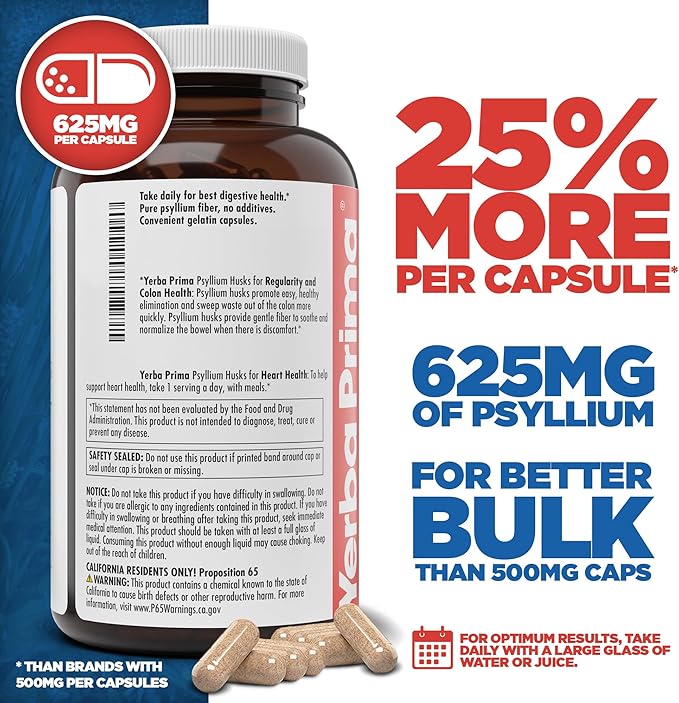 Yerba Prima Psyllium Husks Caps 625 mg 400 Capsules (Pack of 2) - Natural Fiber for Men and Women - Regularity Support Supplement