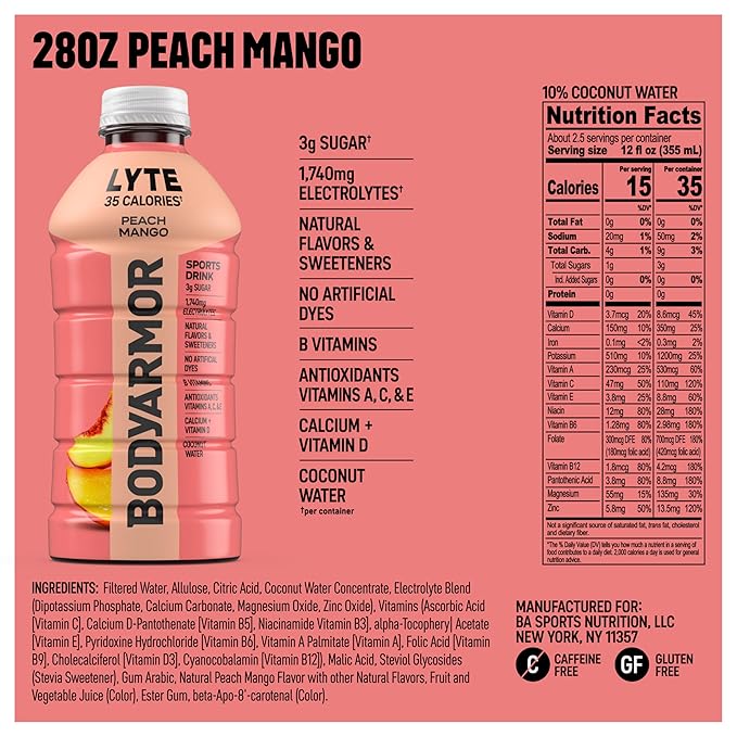 BODYARMOR LYTE Peach Mango Electrolyte Drink 35 Calories 28 Fl Oz Bottles (15 Pack) Coconut Water Sports Drink Natural Flavor &amp B Vitamins