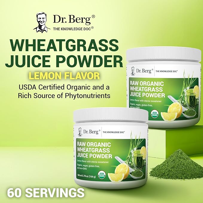 Dr. Berg USDA Certified Organic Green Powder Superfood (60 Servings) - Made with Raw Wheatgrass Chlorophyll Trace Minerals &amp Natural Enzymes - Non-GMO Green Superfood Powder - Lemon Flavor