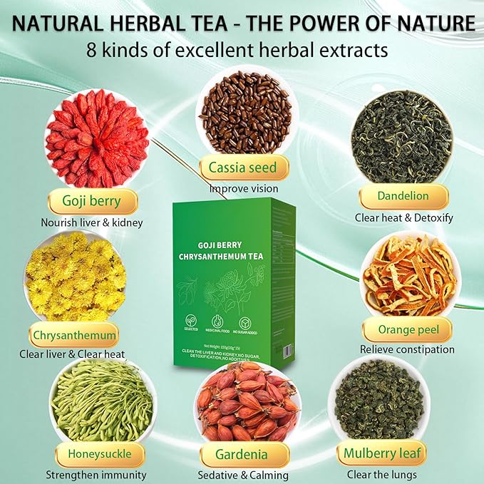 Goji Berry Chrysanthemum Tea for Liver Health 8 Excellent Raw Material Formulas Chinese Health Herbal Tea Liver Cleanse &amp Detox Herbal Tea Bags 15Bag Vegan Sugar-Free &amp Caffeine-Free (2B