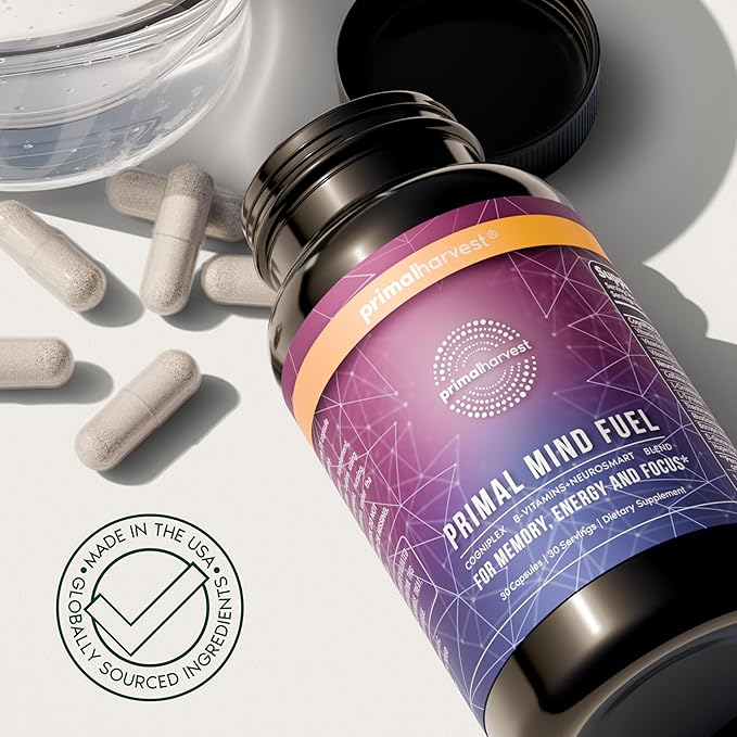 Brain Supplement by Primal Harvest Primal Mind Fuel Brain Booster for Focus Energy Clarity and Brain Health 30 Capsules Nootropics Brain Support Supplement for Men and Women