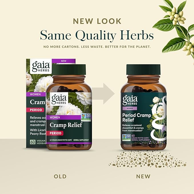 Gaia Herbs Cramp Relief - Herbal Supplement for Period Cramp Relief* - Made with Fennel Seed Licorice Root &amp More - 60 Vegan Liquid Phyto-Caps (60 Servings)
