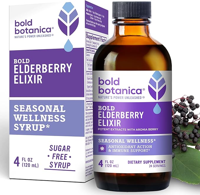 Bold Botanica Elderberry Elixir – 65X Concentrated Extract – Sugar-Free &amp Kid Friendly – Immune Support Elderberry Syrup for Kids &amp Adults with Aronia Berry &amp Monk Fruit – 4 fl oz