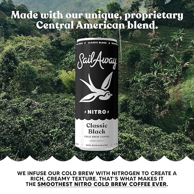 Sail Away Coffee Nitro Cold Brew Coffee Cans - Less Acidic Coffee Beverages | Draft Nitrogen Pour 220mg Caffeine Gluten Free Organic Keto Classic Black 6 Pack
