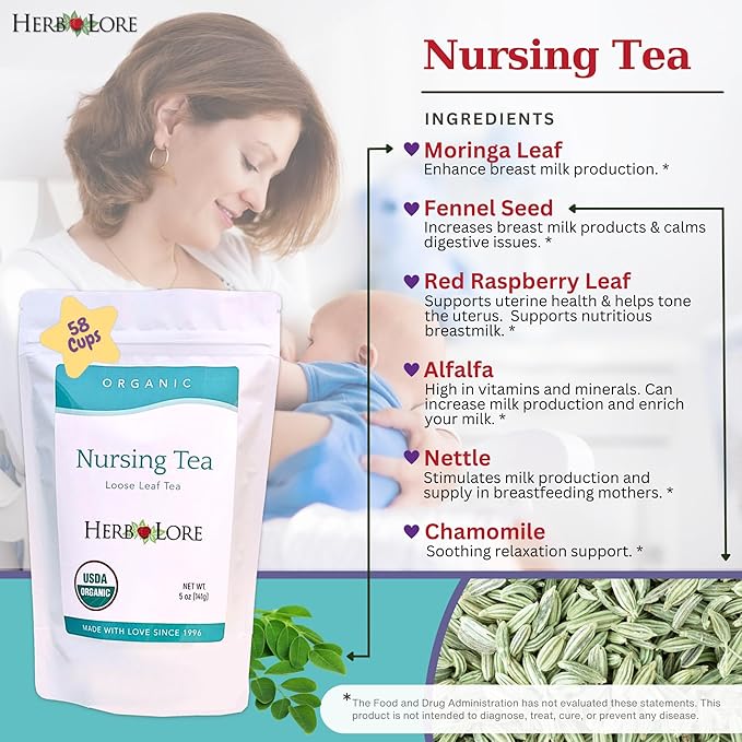 Herb Lore Organic Nursing Tea - 58 Servings - Loose Leaf - Fenugreek Free Lactation Tea with Moringa for Breastfeeding Moms