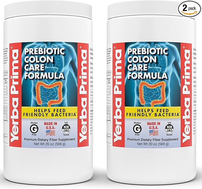 Yerba Prima Prebiotic Colon Care Formula 20 oz Powder (Pack of 2) with FOS - Natural Psyllium Fiber Magnesium Selenium - Non-GMO Gluten Free Vegan Daily Supplement - for Men &amp Women