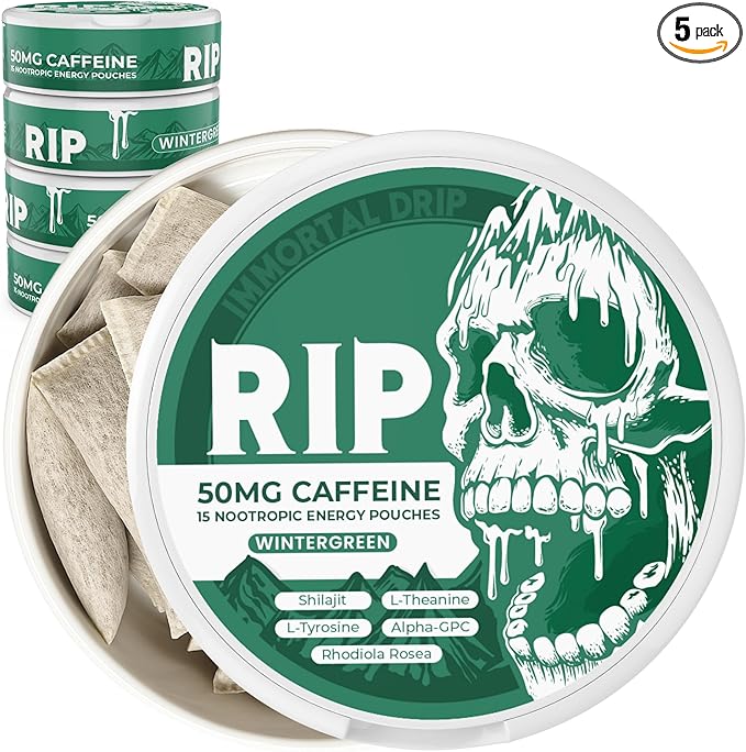 Immortal Drip RIP Nootropic Energy Pouches (Wintergreen) – 5 Cans – 15 Pouches per Can – Clean Energy &amp Focus Support – 50mg Caffeine Shilajit Alpha-GPC L-Tyrosine Rhodiola