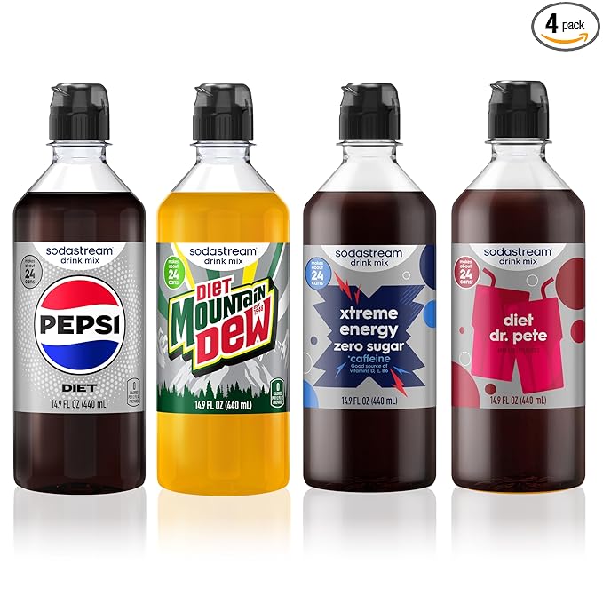 SodaStream Diet Pepsi MTN Dew Energy Dr. Pete New Pour Bottle Variety Pack 440ml (Pack of 4)