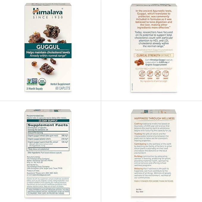 Himalaya Guggul Cholesterol Supplement for Healthy LDL HDL and Triglyceride Levels 750 mg 60 Vegetarian Capsules 1 Month Supply 2 Pack