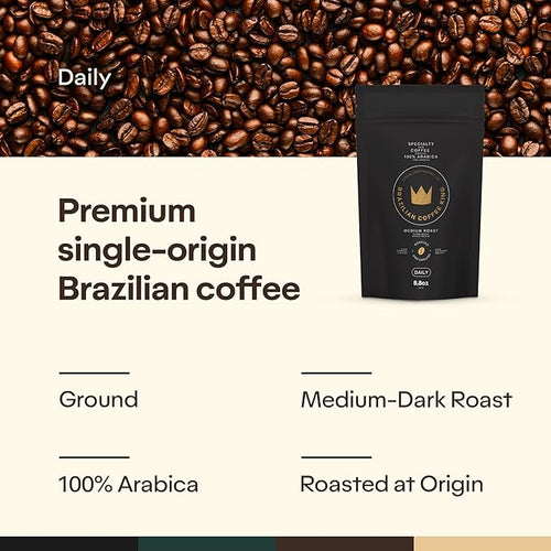4-Pack Specialty Coffee Daily – Arabica Roasted Ground in Brazil – Smooth Comforting Flavor with Notes of Chocolate Caramel and Nuts – Medium-Dark Roast Carefully Harvested – Brazilian Coffee King