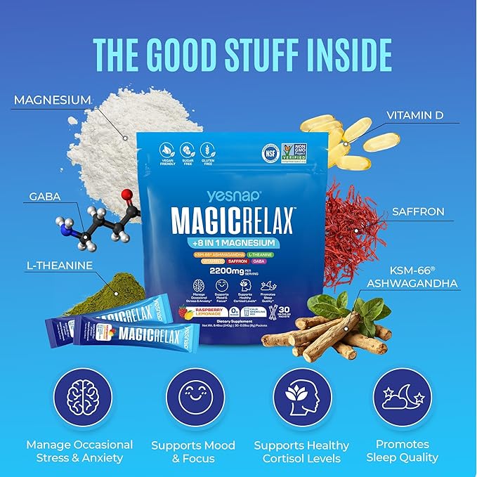 MAGICRELAX Calming Sparking Mix 8-in-1 Magnesium KSM-66 Ashwagandha Saffron Vitamin D3 GABA L-Theanine Supports Healthy Cortisol LevelsMood and Sleep No Sugar Non GMO Raspberry Lemonade Flavor