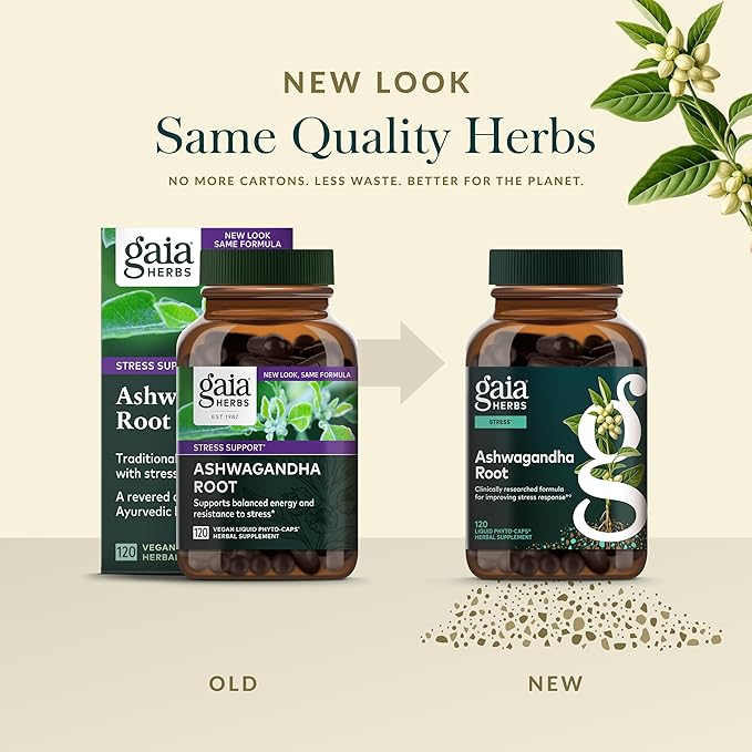 Gaia Herbs Ashwagandha Root - Stress Relief &amp Sleep Support Supplement - Supports Balanced Energy Levels &amp Positive Outlook* - 120 Vegan Liquid Phyto-Caps (60 Servings)
