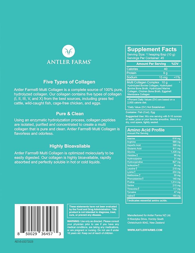 Antler Farms - Multi Collagen Protein Powder - 5 Types (I II III V and X) 100% Pure Hydrolyzed Collagen Peptides for Men and Women - Bioavailable Rapid Absorption - Unflavored - 1 lb