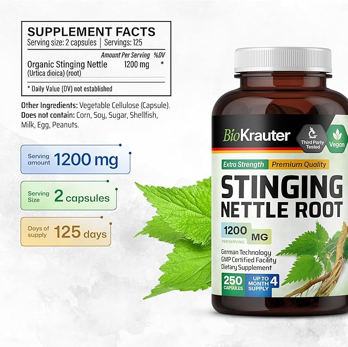 BIO KRAUTER® Stinging Nettle for Seasonal Support - Stinging Nettle Root Supplement (Urtica Dioica) 1200 mg for Urinary Tract Support &amp Daily Wellness - 250 Capsules 125 Days of Supply Non-GMO