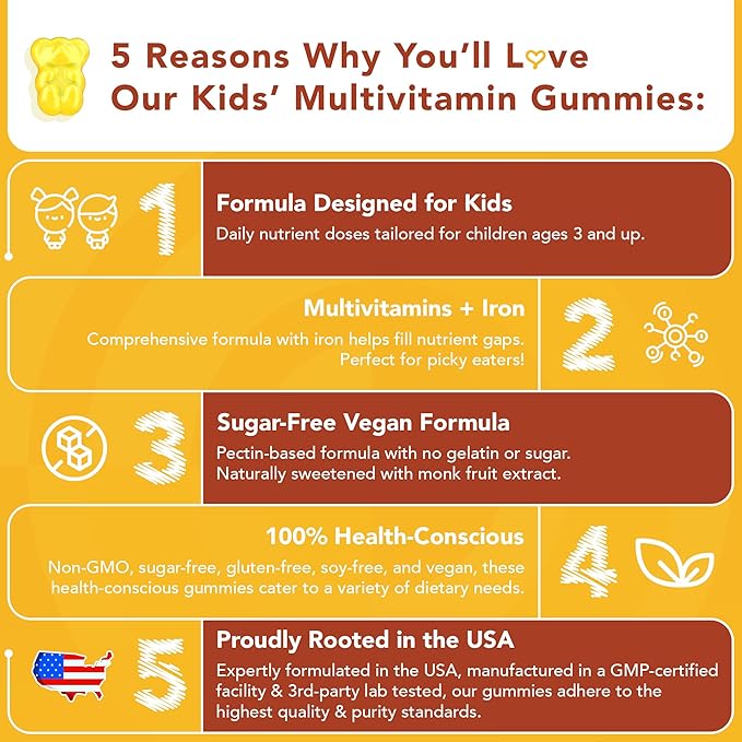 Picky Eater Kids Multivitamin Gummies with Iron - Sugar Free Chewable Iron Supplement for Toddlers &amp Children 3 &amp Up - Essential Kids Vitamins for Growth &amp Development