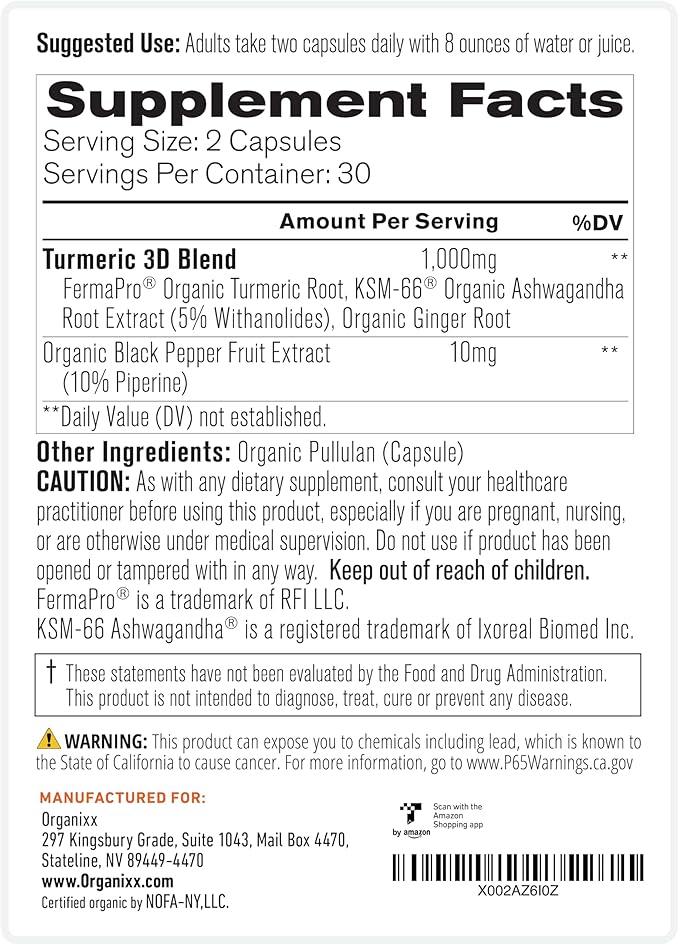 Organixx USDA Organic Turmeric Curcumin Supplement with Ashwagandha Vitamin D Turmeric &amp Ginger – Fermented for Maximum Bioavailability 60 Count + 30 Count
