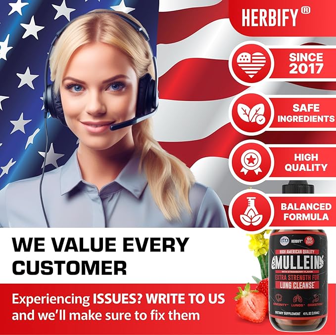 HERBIFY Mullein Drops - Lung Cleanse - Leaf Extract - Powerful Mullein for Immune Support Detox &amp Respiratory Support - Made in USA - 4 Oz Strawberry Flavor