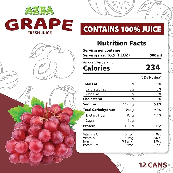 AZRA 100% Grape Juice – Fresh Red Grape Juice in 500ml Cans – Zero Sugar Juice Fruit Juice Variety Pack for Kids and Adults – Healthy Drinks Bulk 100% Juice 12 Pack