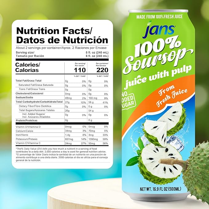 JANS 100% Soursop Juice with Pulp (16.9 oz Pack of 12) NO Sugar Added Pure Guanabana Graviola Fresh from Juice Not From Concentrate