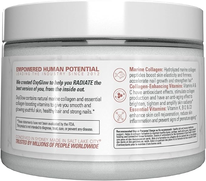 EHP Labs OxyGlow Natural Marine Collagen Powder - Hydrolyzed Marine Collagen Peptides Powder - Boosts Skin Elasticity &amp Firmness Accelerates Nail Growth &amp Strengthens Hair 30 Serves (Unflavo
