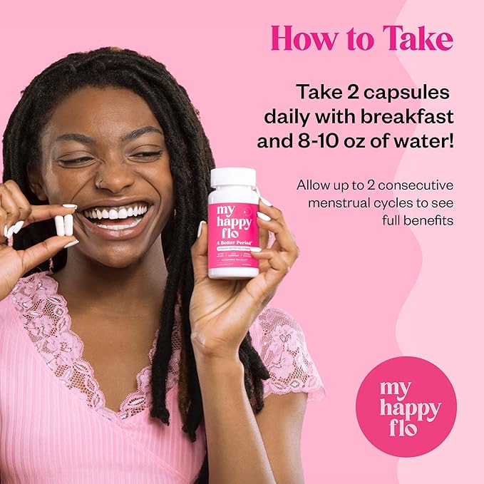 My Happy Flo PMS Support Supplement for Women with Iron PMS Relief Hormone Support for Women 10-in-1 PMDD Supplements for Women | DIM &amp I3C Indole-3-Carbinol for Cramp Relief Heavy Flow - 60 Ca