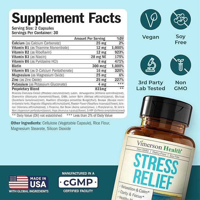 Stress Relief Supplement with 5HTP Ashwagandha Valerian St John’s Wort GABA Chamomile &amp B-Vitamins - Promotes Relaxation Sleep Calm &amp Balanced Mood Energy &amp Focus. Vegan Non-GMO
