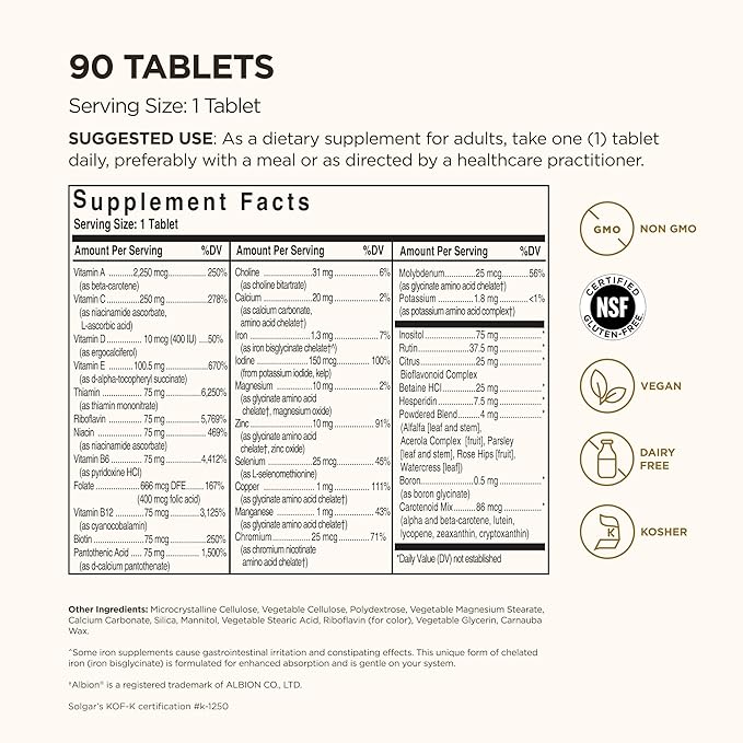 Solgar Formula VM-75 90 Tablets - Multivitamin with Chelated Minerals - Vitamin A B6 B12 C D E - Biotin Magnesium Calcium Iron Zinc - Vegan Gluten Free Dairy Free Kosher - 90 Servings
