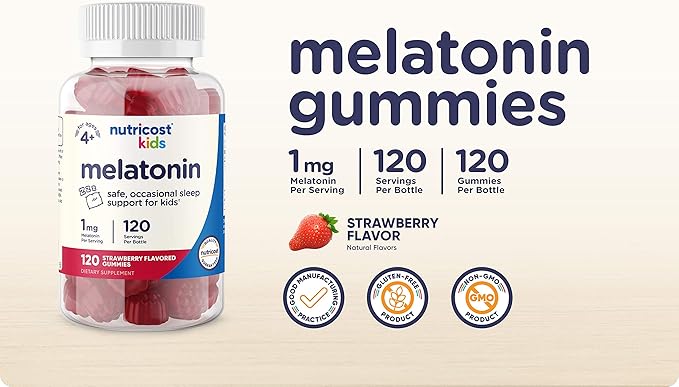 Nutricost Kids Melatonin Gummies 1mg 120 Gummies Strawberry Flavored (Pack of 2)