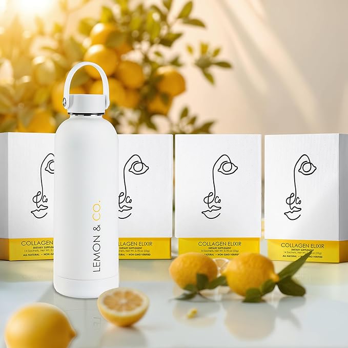 LEMON &amp CO. 8-Week Starter Kit Bundle – Liquid Collagen for Women + Insulated Bottle - 5000mg Marine Collagen Peptides for Skin Nails Hair &amp Gut Health | Organic Lemons Vitamin C No Preser