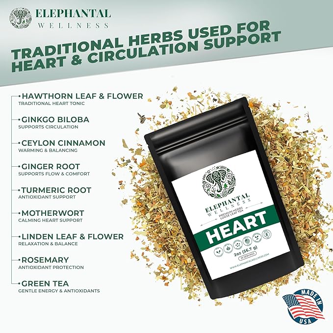 Elephantal Wellness Heart Herbal Tea – Herbal Loose Leaf Tea for Circulation &amp Cardiovascular Support with Hawthorn Cinnamon Ginger &amp Turmeric – Lightly Caffeinated Green Tea Blend 2oz 20