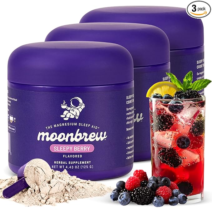 MoonBrew Nighttime Magnesium Sleepy Berry Smoothie Natural Sleep Aid Drink Mix for Adults 3-Pack - Calming Melatonin-Free Sleep Support with L-Theanine Chamomile &amp Zinc Glycinate - 75 Servings