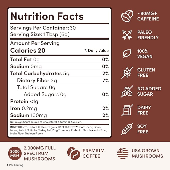 RYZE SUPERFOODS Mushroom Coffee Dark Roast 6 Adaptogenic Mushrooms &amp Prebiotic Blend Instant Coffee Supports Energy Focus Digestion &amp Immunity Lions Mane &amp Turkey Tail 30 Servings.