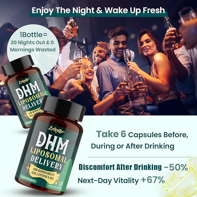 Zaigon Liposomal DHM Supplements 1000 mg dihydromyricetin with l-cysteine Milk Thistle Electrolytes Ginger NAC L-Theanine &amp Vitamin B for Recovery After Drinking &amp Liver Support 240 Cap