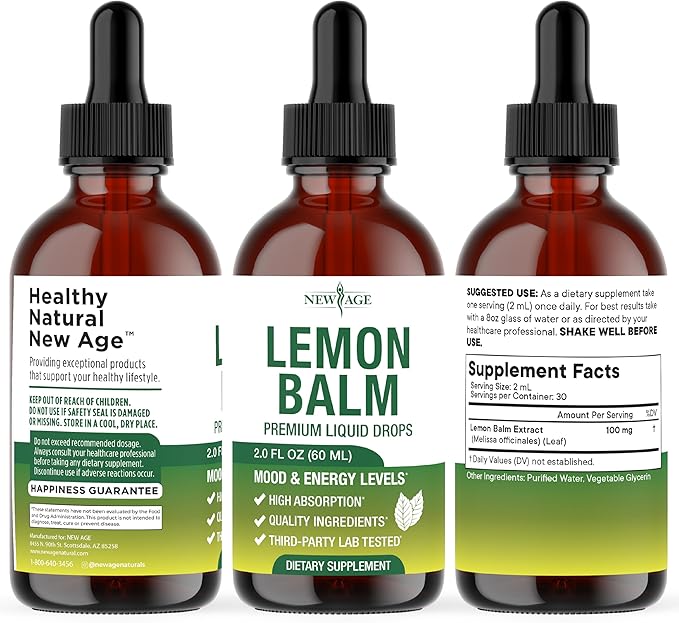 NEW AGE Lemon Balm Tincture - Mood Support Supplement - Lemon Balm Leaf Extract Drops - Vegan Sugar &amp Alcohol-Free Calming Supplement - 8 fl oz