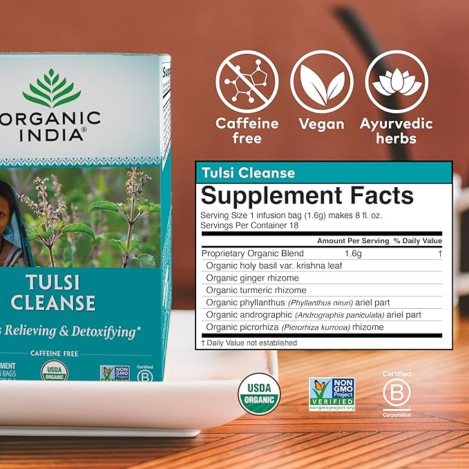 ORGANIC INDIA Tulsi Cleanse Tea - Holy Basil Ginger Turmeric Herbal Tea Stress Relieving &amp Cleansing Immune Support Adaptogen Organic Non-GMO Caffeine-Free - 18 Infusion Bags 3 Pack