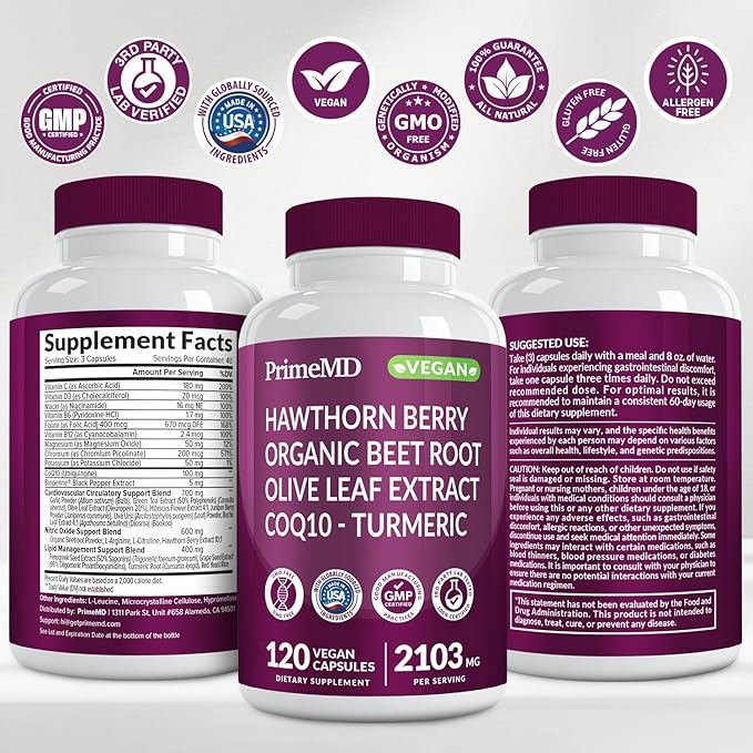 26-in-1 Nitric Oxide Supplement - Heart &amp Circulation Support with CoQ10 Turmeric Organic Beet Root Hawthorn Berry &amp Garlic - 2103mg per Serving (120ct)