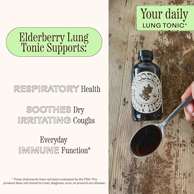 Wooden Spoon Herbs Elderberry Syrup | USDA Certified Organic Lung &amp Immune Support Tonic | Elderberry Syrup Blended with 6 Respiratory &amp Immune Support Herbs | Gluten-Free Non-GMO Vegan | 8