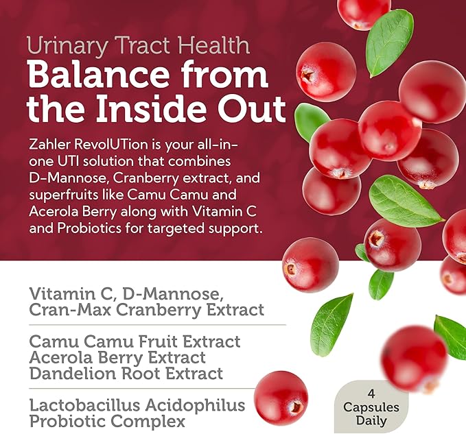 Zahler Revolution - Complete Womens Urinary Tract Health Formula with Probiotics - UTI Pills - 1200mg D-Mannose and Cranberry Supplement - Urinary Tract Infection Support for Women (60 Capsules)