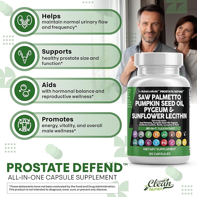 Clean Nutraceuticals Saw Palmetto Pumpkin Seed Oil Pygeum Sunflower Lecithin Stinging Nettle Cranberry - Prostate Supplements for Men with Lycopene - 90 Caps (Pack of 2)