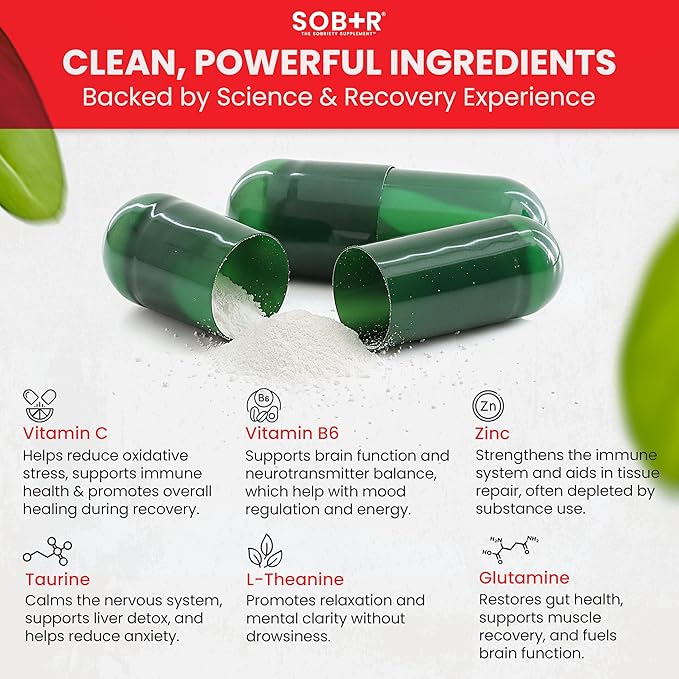 SOB+R Natural Drug Recovery Supplement | Alcohol Craving Blocker for Addiction Support | Restores Nutrients Boost Mental Clarity | Vegetarian Capsules - Therapist Formulated Made in USA | 30 Count