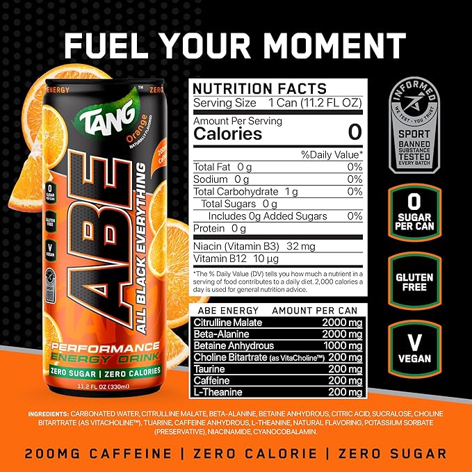 All Black Everything Performance Energy Drink | Zero Calories Sugar Free | 200mg Caffeine | Beta Alanine &amp Citrulline | Pre-Workout Sport Drink for Men &amp Women | Tang Orange | 12 Pack